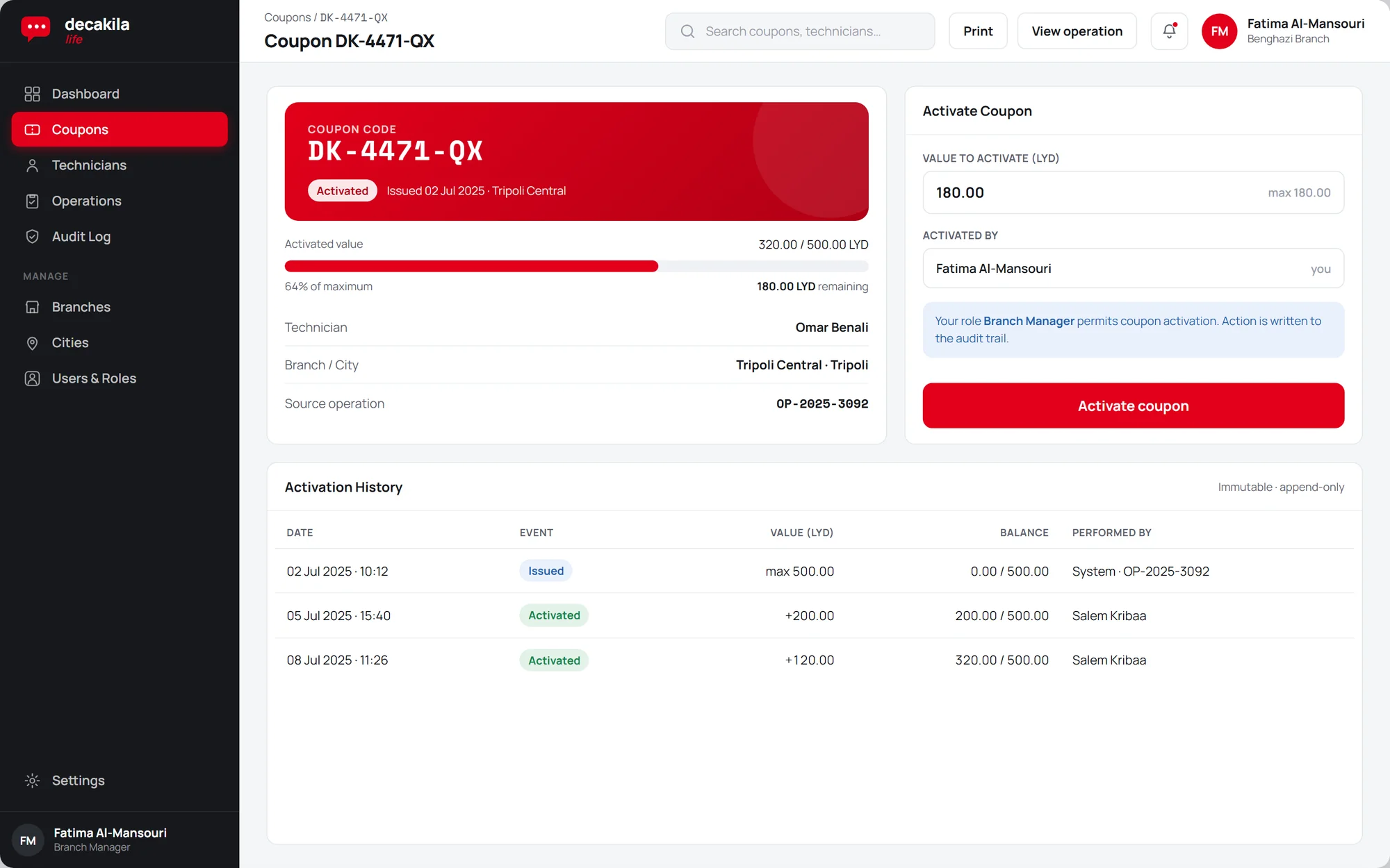 A single coupon: value against its cap, technician, branch, activation history