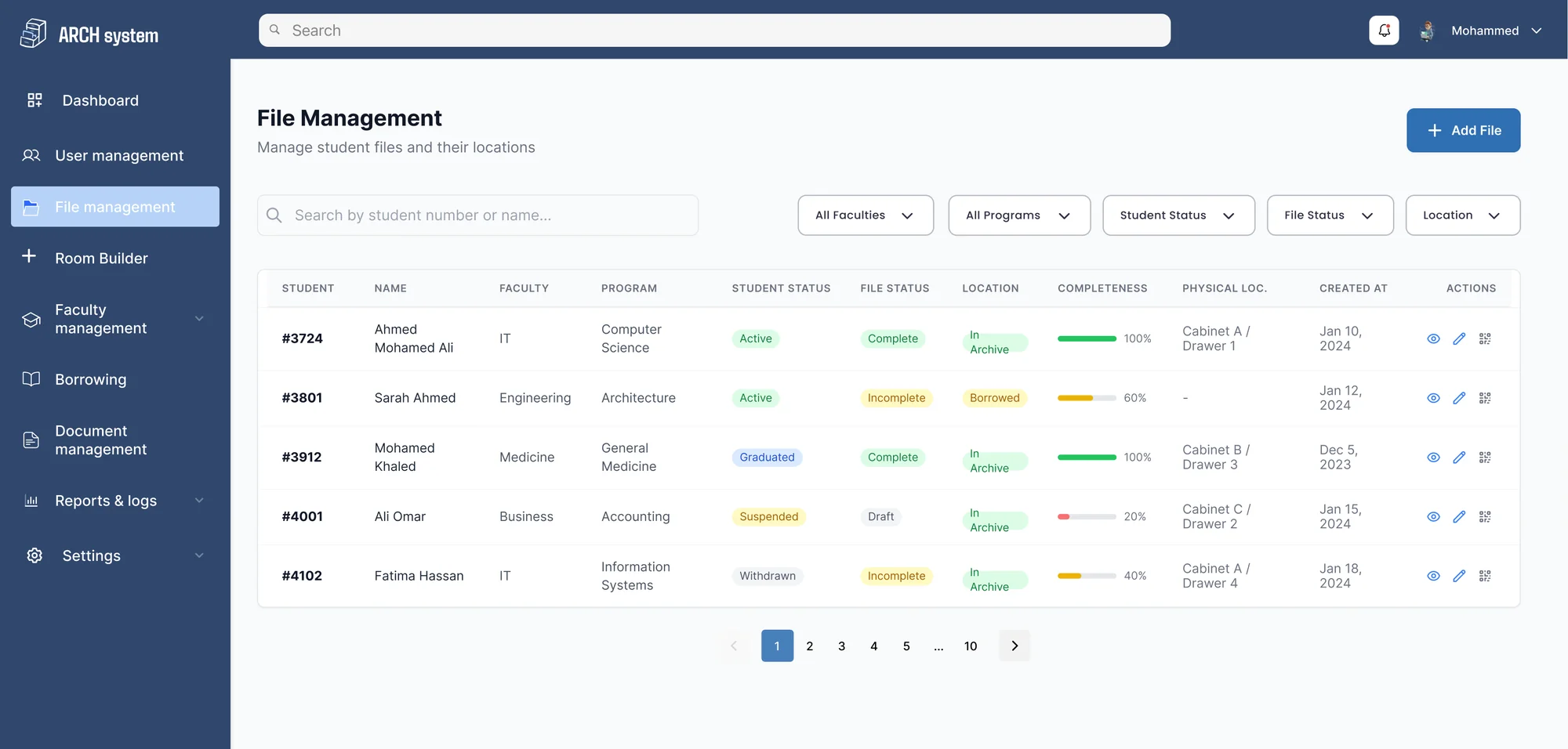Every student file with its physical location, completeness and status