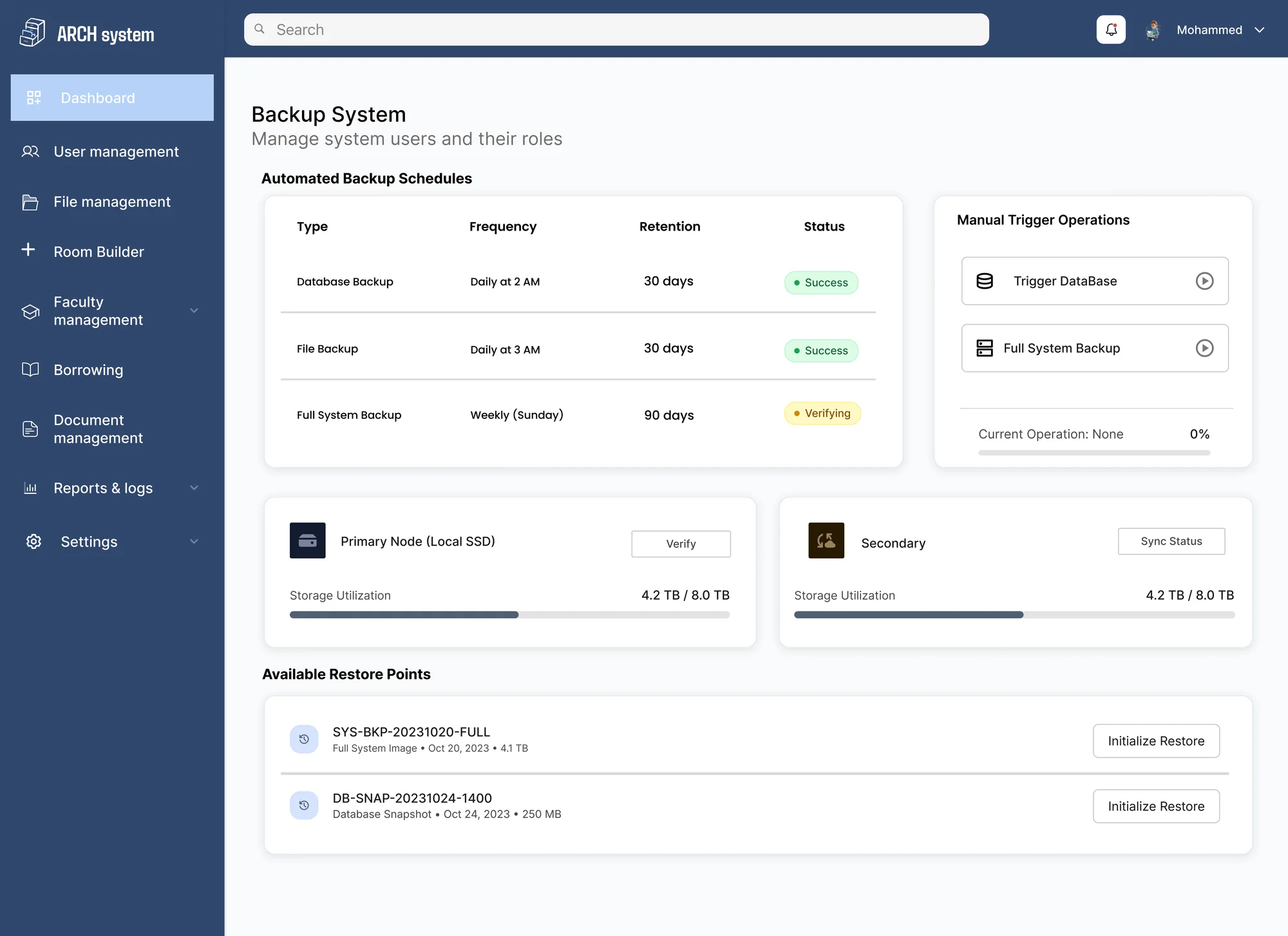 Automated backup schedules, storage nodes and restore points
