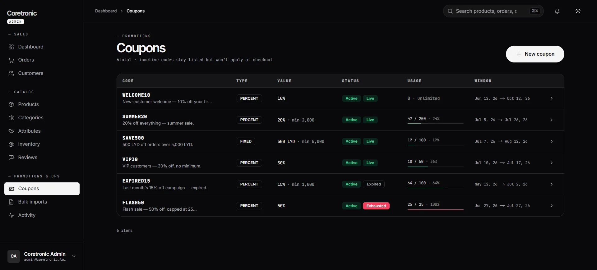 Promotions engine: percentage/fixed coupons with windows and minimums
