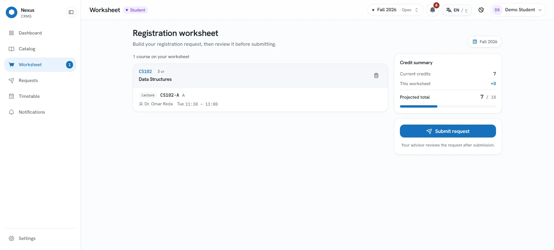 A student building a worksheet, with a live credit summary and projected total