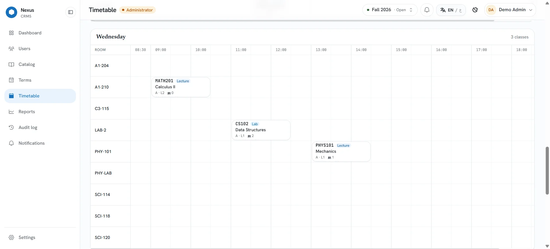 The generated weekly timetable by room