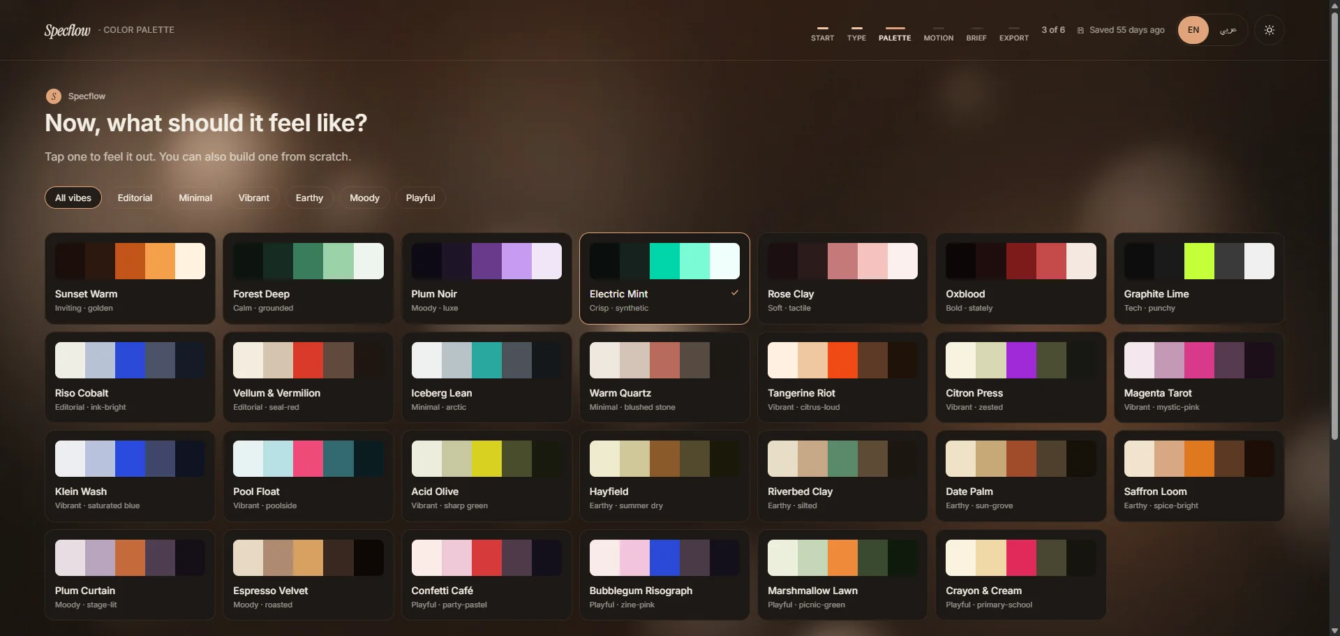 Choosing the feel: named palettes, no design vocabulary required