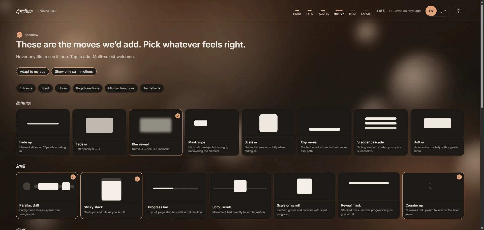 The motion library: entrance, scroll, hover and text effects, previewed live